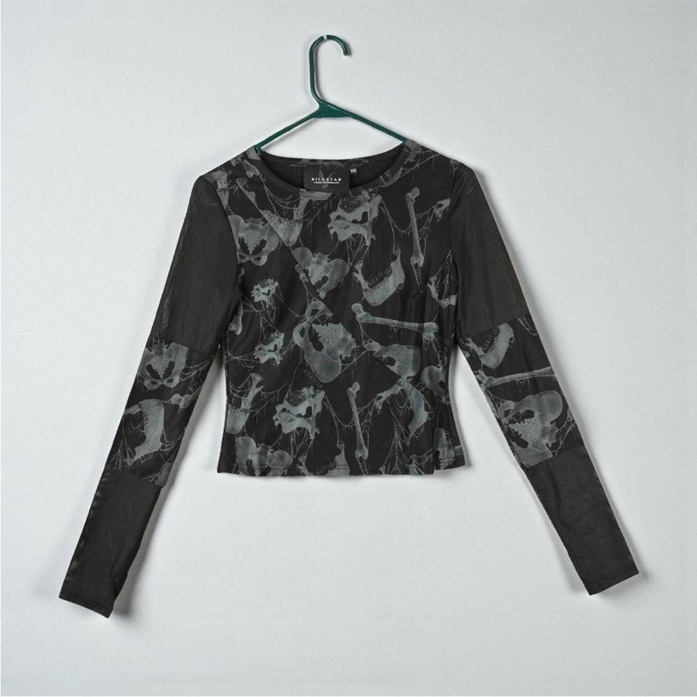 Killstar Gothic Occult Punk Long Sleeve Mesh Top Shirt Womens XS Black Skeleton
